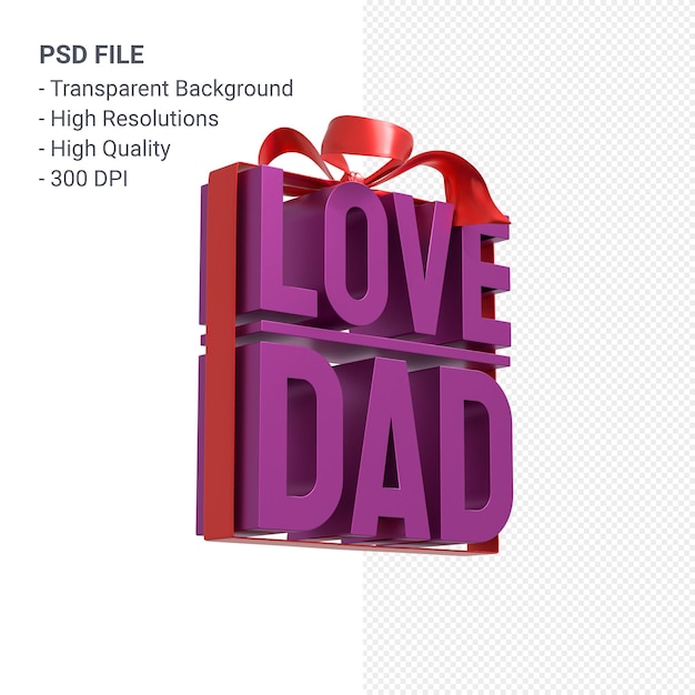 Love dad with bow and ribbon 3D rendering isolated