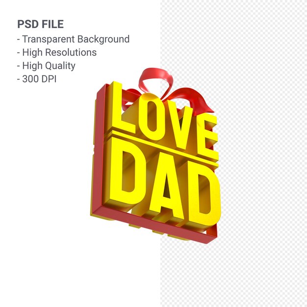 Love dad with bow and ribbon 3D rendering isolated