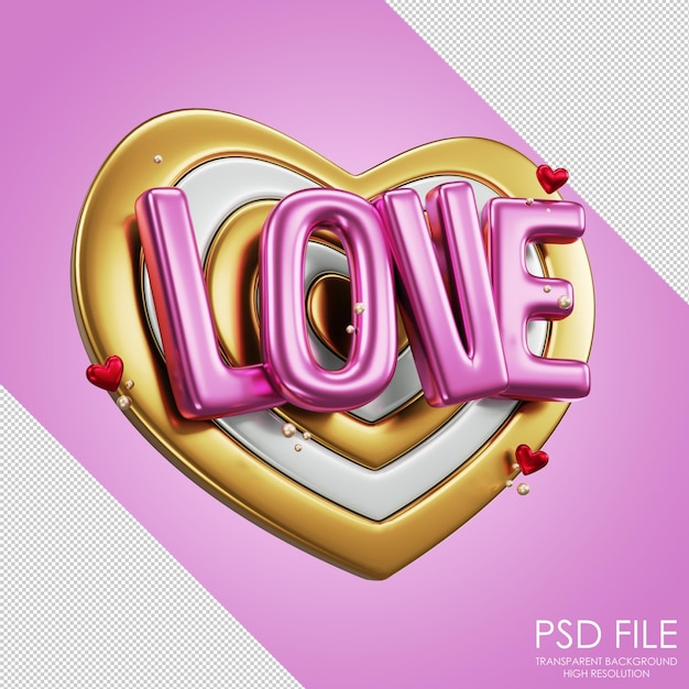 Love darts icon Pink inscription love Golden darts with letters Valentines day Darst in form of a heart 3D render 3d illustration