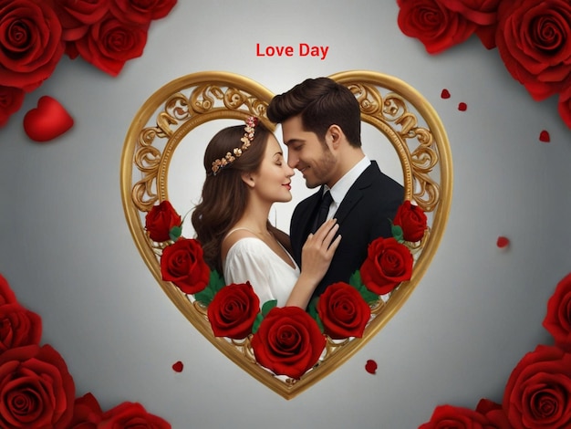 Love day couple man image beautiful face golden heart frame with redrose coverd realistice photo