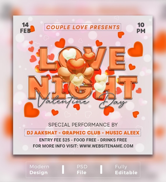 PSD love night party flyer for valentines day