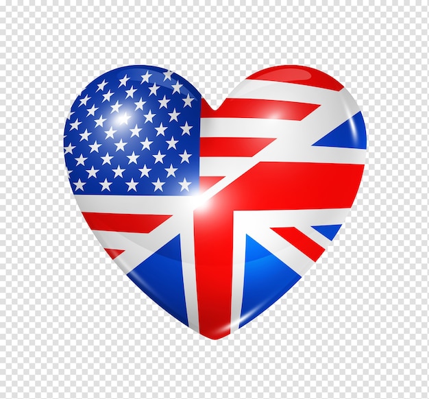 Love USA and UK symbol 3D heart flag icon isolated on white with clipping path