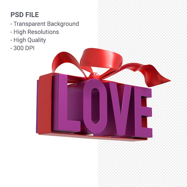 Love with bow and ribbon 3D rendering isolated