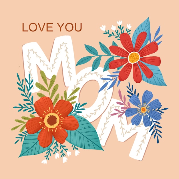 PSD love you mom with floral illustration