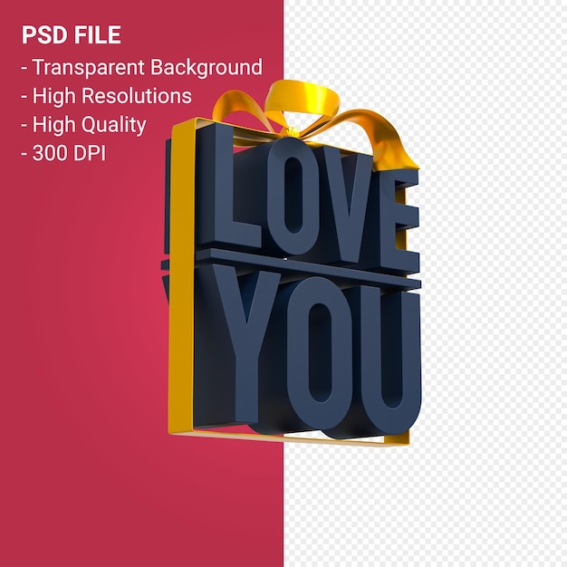 Love you with bow and ribbon 3d design on isolated background