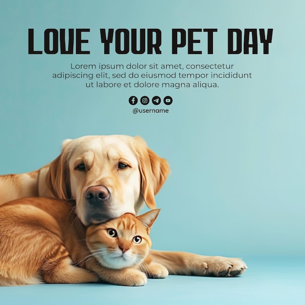 PSD love your pet day social media post with isolated dog and cat background