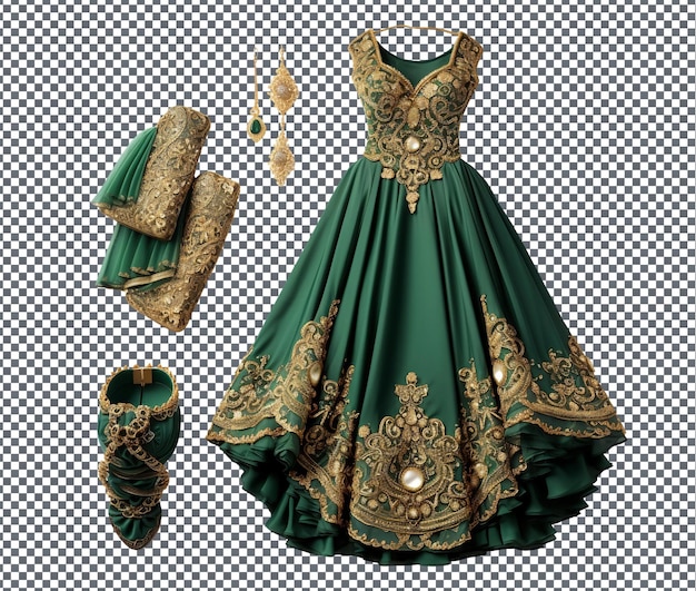 PSD lovely emerald green and gold bridal ensemble isolated on transparent b