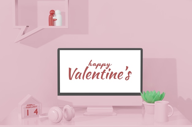 PSD lovely happy valentines day room with computer template in 3d model mockup