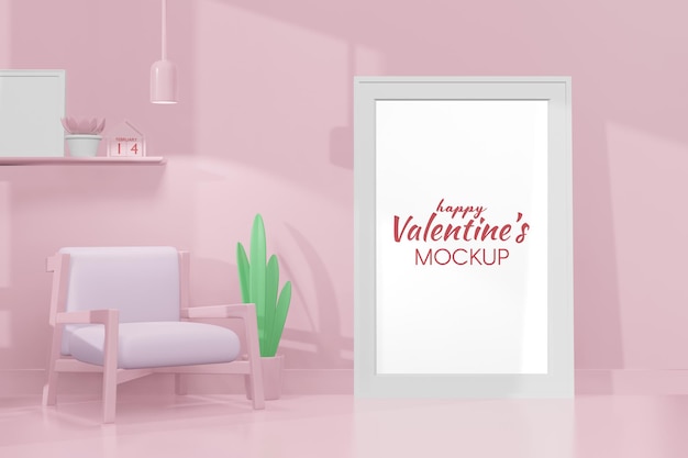 Lovely Happy Valentines day room with frame mockup in 3d rendering