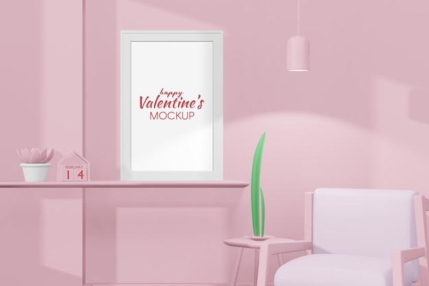 Lovely Happy Valentines day room with frame mockup in 3d rendering