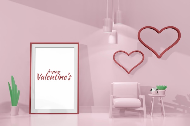 Lovely happy Valentines day room with frame template in 3d model mockup