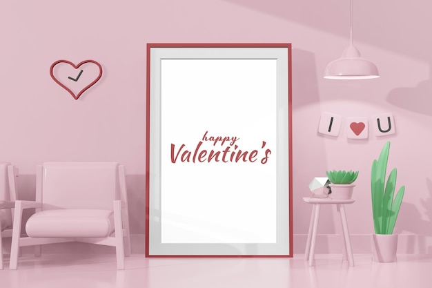 Lovely happy Valentines day room with frame template in 3d model mockup