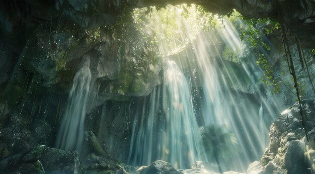 PSD a lovely waterfall with the sun shining through the trees natural scenery wallpaper