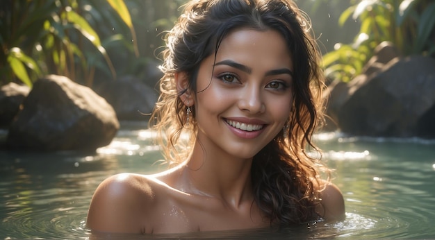 PSD lovely young woman having a swim in a waterfall beautiful babe waterfall