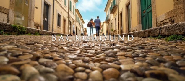 PSD low angle view of a couple of tourists walking on a cobblestone street