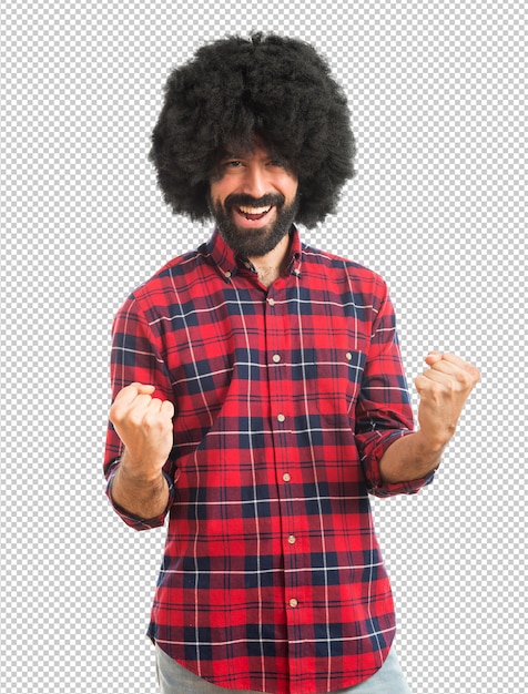 Lucky afro man over white background  