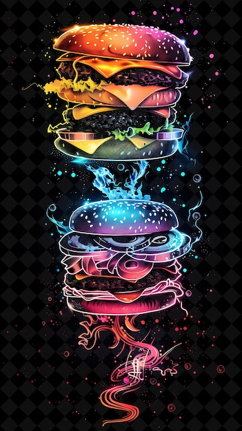 PSD luminescent glowing burger ingredients exploding and disinte neon color food drink y2k collection