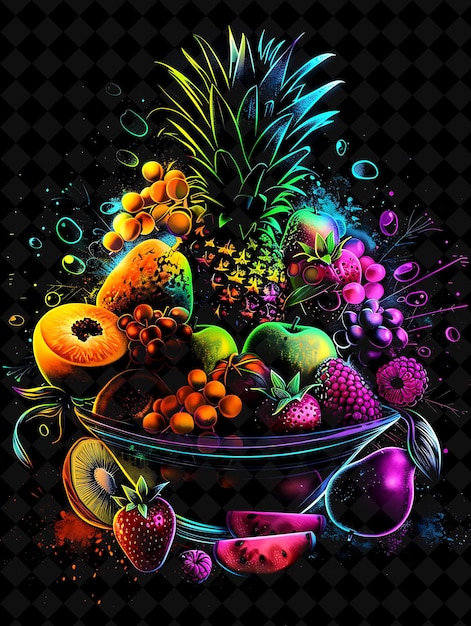 PSD luminescent glowing fruit bowl overflowing and exploding var neon color food drink y2k collection