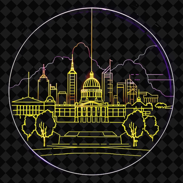 PSD luminescent neon canberra cityscape inside a circular silhou png y2k monoline cityscape collage art