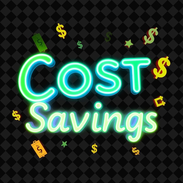 Luminous Cost Savings Text Glows in Neon Vibrant Green and Lime Surrounded by Kawaii Money Signs and