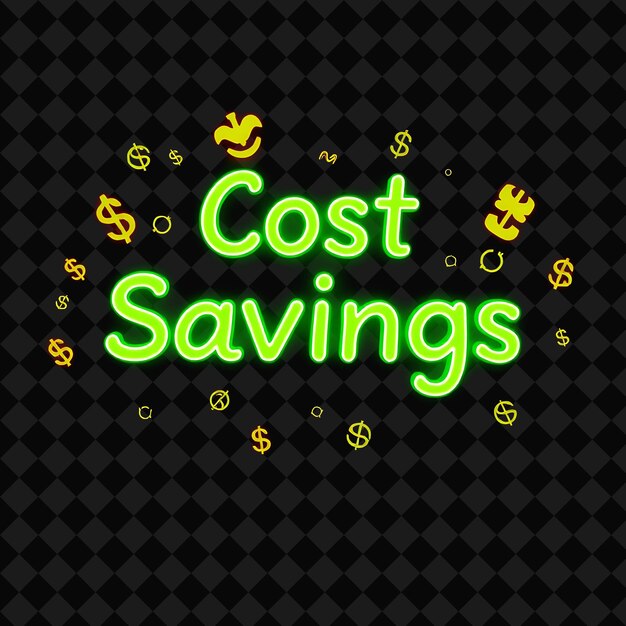 Luminous Cost Savings Text Glows in Neon Vibrant Green and Lime Surrounded by Kawaii Money Signs and