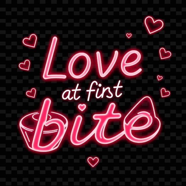 Luminous Love at First Bite Text in Neon Pink and Soft Red With Heart Neon Yummy Typography Design