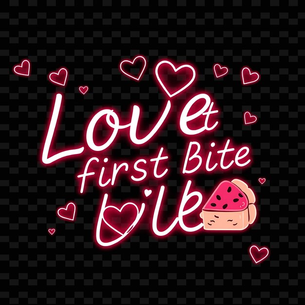 Luminous Love at First Bite Text in Neon Pink and Soft Red With Heart Neon Yummy Typography Design