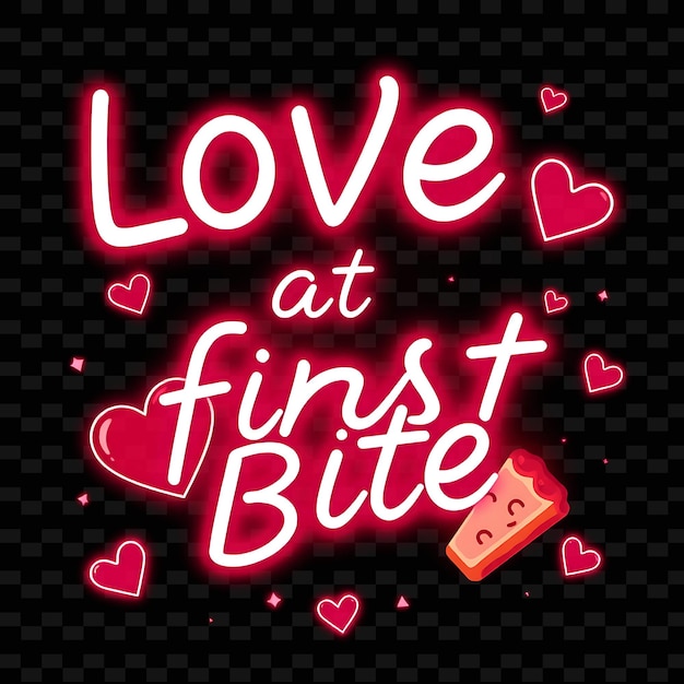 Luminous Love at First Bite Text in Neon Pink and Soft Red With Heart Neon Yummy Typography Design