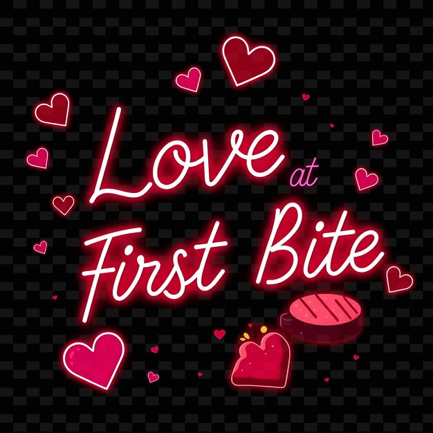 Luminous Love at First Bite Text in Neon Pink and Soft Red With Heart Neon Yummy Typography Design