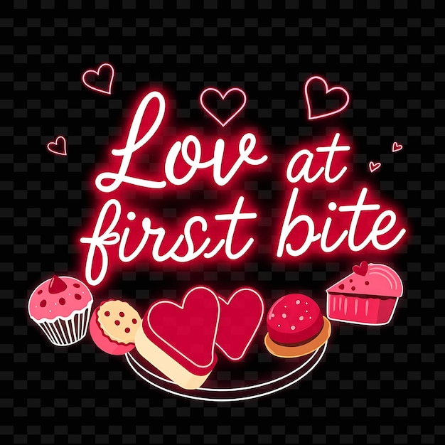 Luminous Love at First Bite Text in Neon Pink and Soft Red With Heart Neon Yummy Typography Design