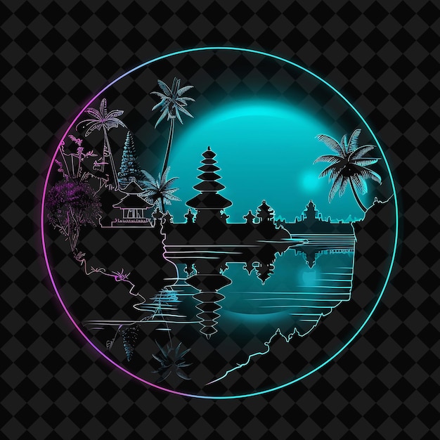 PSD luminous neon bali waterfront inside a silhouette oval lands png y2k monoline cityscape collage art