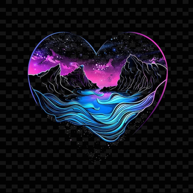 Luminous Neon Cuspate Deltas Inside a Silhouette Heart Lands Illustration Nature Landscape Designs