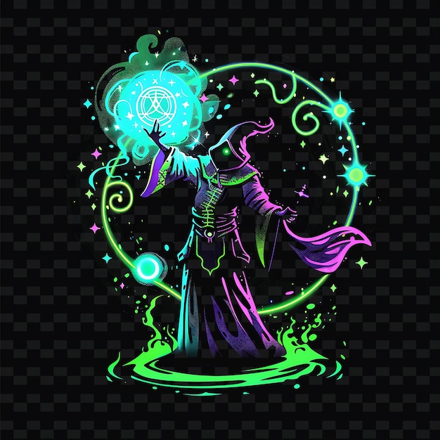 Luminous Neon Energy of a Powerful Sorcerer Casting a Spell PNG Creative Neon Line Art Designs