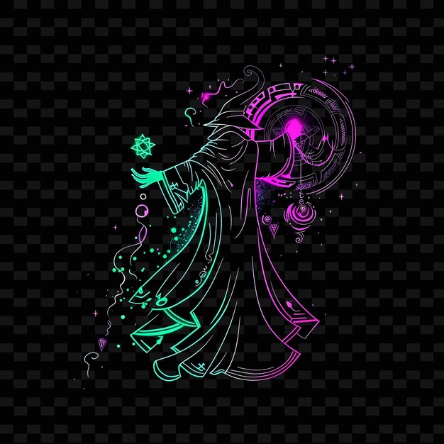 Luminous Neon Energy of a Powerful Sorcerer Casting a Spell PNG Creative Neon Line Art Designs