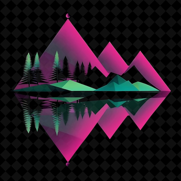 Luminous Neon Mirror Forest in a Geometric Silhouette Landsc PNG Neon Artistic Landscape