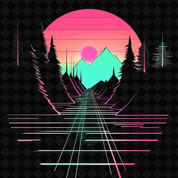 Luminous Neon Outrun Forest in a Geometric Silhouette Landsc PNG Neon Artistic Landscape