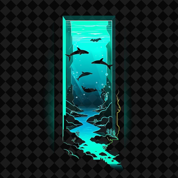 PSD luminous neon underwater tunnels in a vertical rectangle sil png y2k ocean of light collections