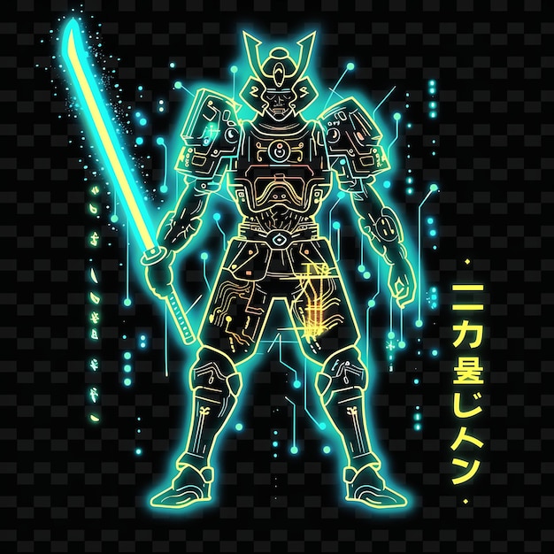 PSD luminous plasma aura of a robotic samurai wielding a high te png creative neon line art designs