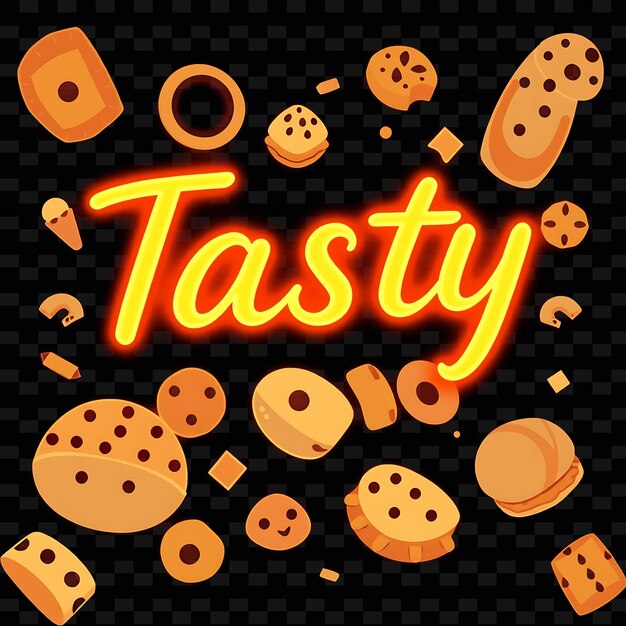 Luminous Tasty Text in Neon Orange Surrounded by Tasty Snacks and Bit Neon Yummy Typography Designe