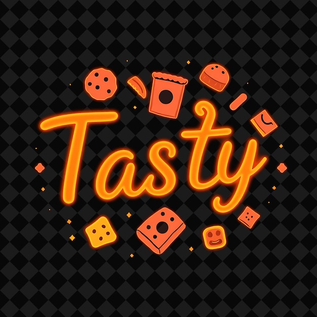 PSD luminous tasty text in neon orange surrounded by tasty snacks and png inspired neon food decor b