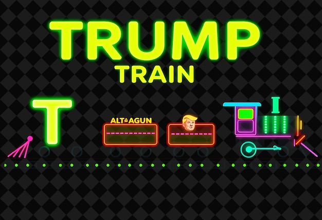 PSD luminous trump train text beams with neon green and lime green featuring a whimsical train chugging