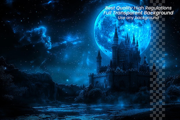 PSD lunar citadel mystical blue moonlight fantasy on transparent background