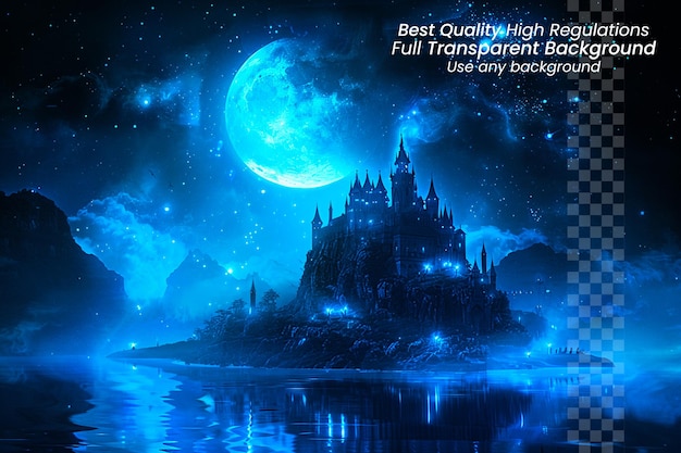 PSD lunar citadel mystical blue moonlight fantasy on transparent background