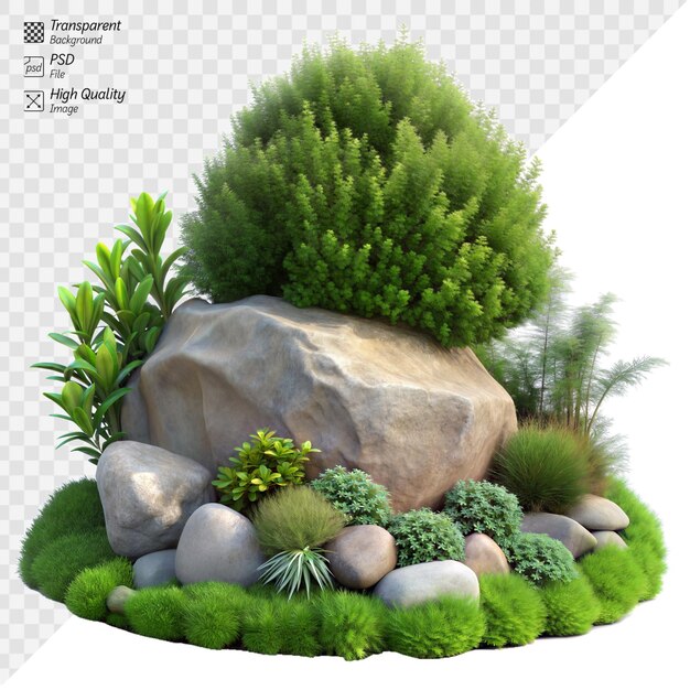 PSD lush green plants and rocks in a tranquil garden setting