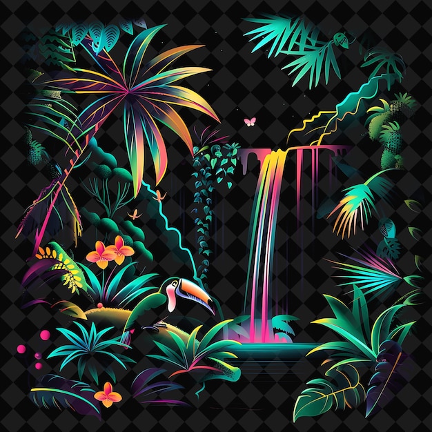 PSD lush neon rainforest beneath a sil toucan landscape features png y2k ocean of light collections