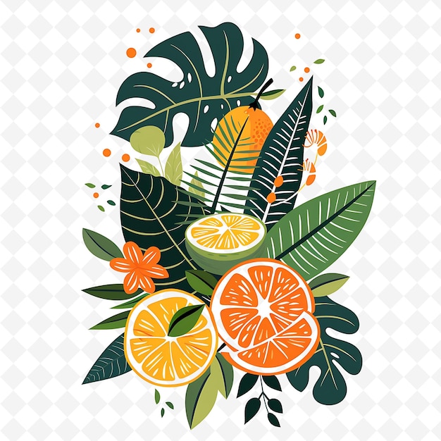 PSD lush stem with jungle leaves and exotic fruits on it decorat png natural inspired flat borderline