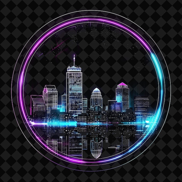 PSD lustrous neon boston metropolis within a silhouette circle l png y2k monoline cityscape collage art