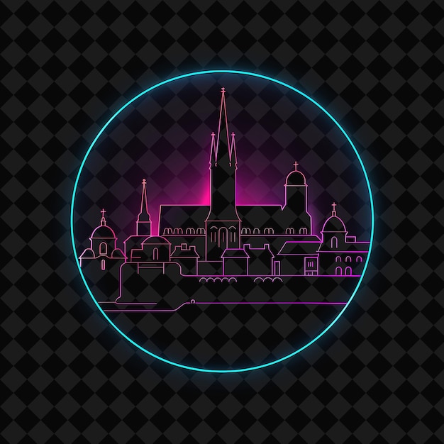 PSD lustrous neon tallinn metropolis inside a silhouette circle png y2k monoline cityscape collage art