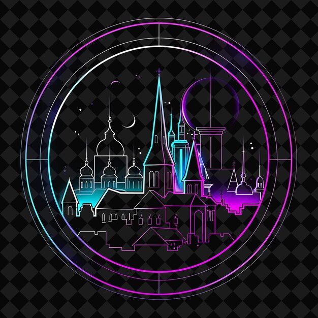 PSD lustrous neon tallinn metropolis inside a silhouette circle png y2k monoline cityscape collage art