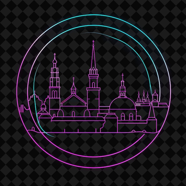 PSD lustrous neon tallinn metropolis inside a silhouette circle png y2k monoline cityscape collage art